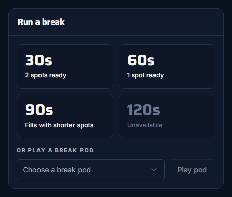 The break buttons and the break pod picker