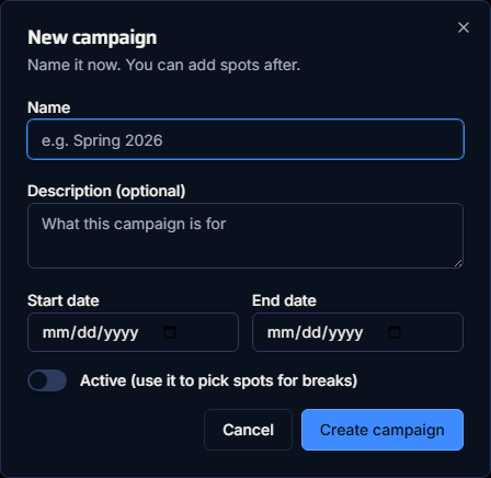The New campaign dialog