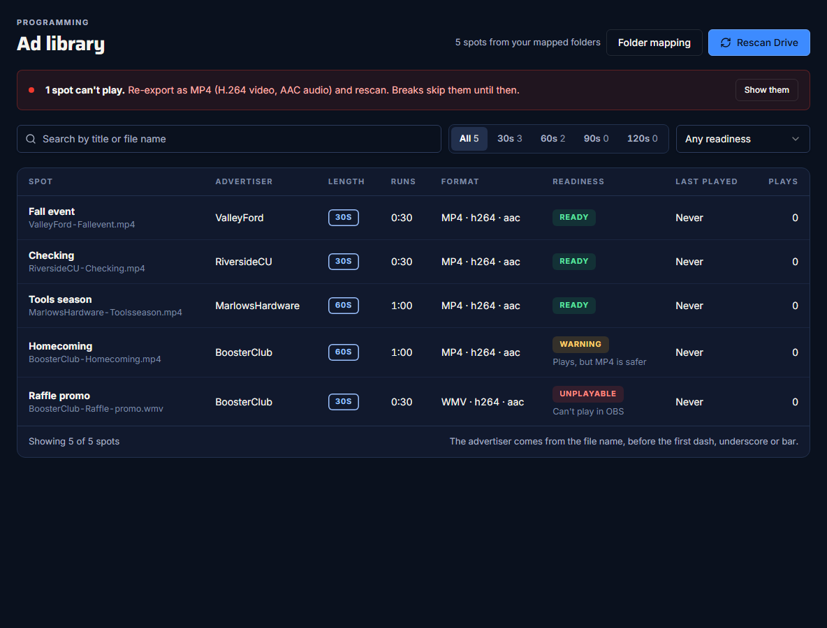The ad library with readiness labels and the unplayable banner