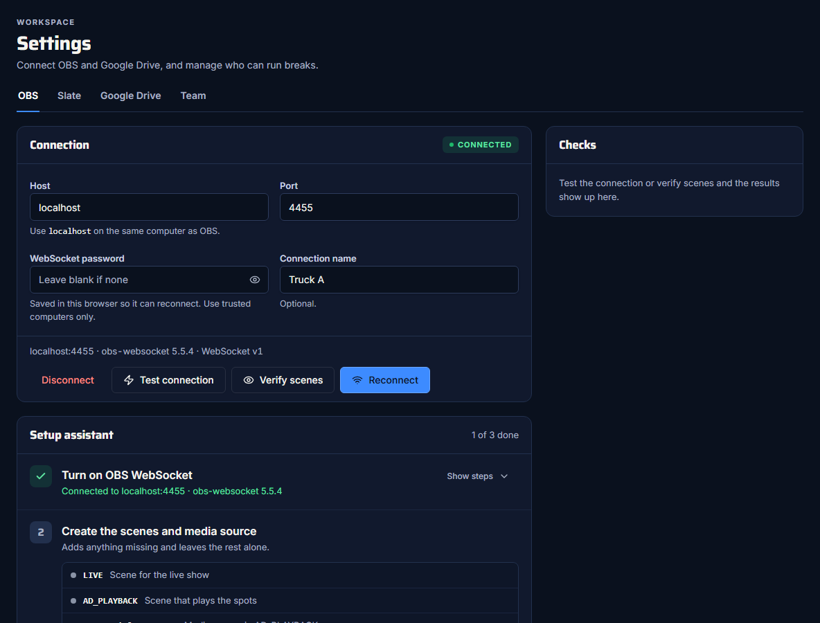 Connected to OBS, with Test connection and Verify scenes