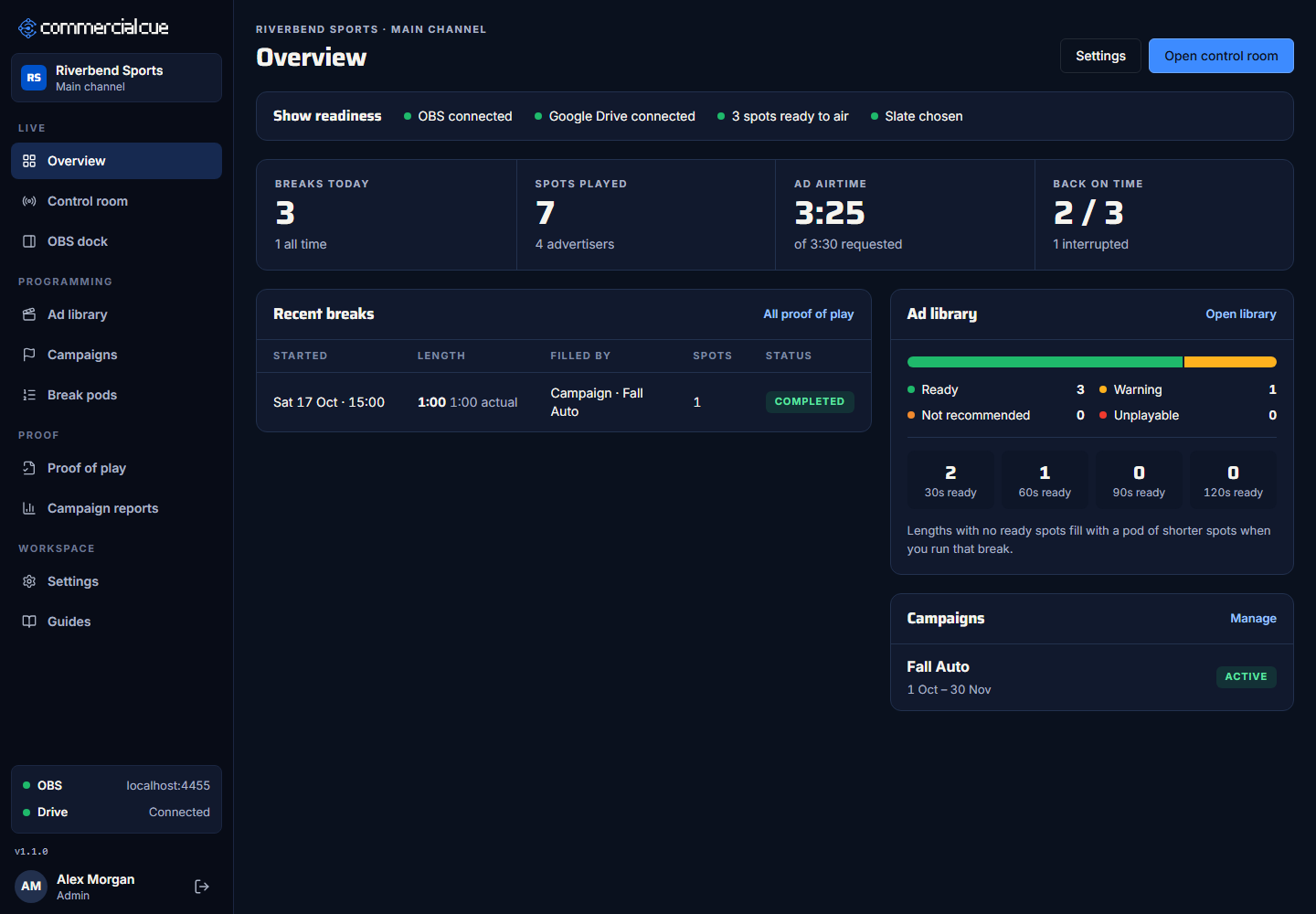 The overview: show readiness, today's numbers, recent breaks, the ad library and campaigns