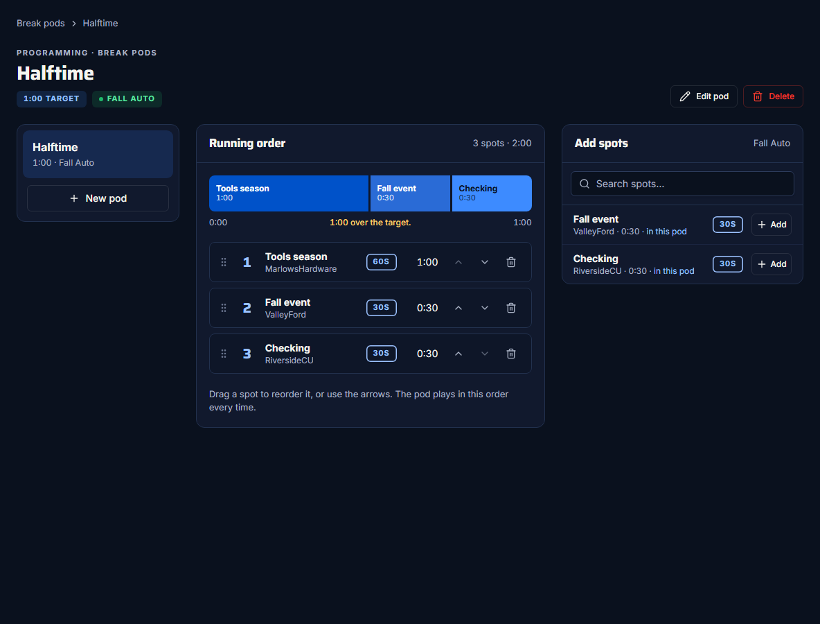 A pod's page: running order, timeline and Add spots