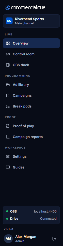 The sidebar, with the live status, version and your name at the bottom