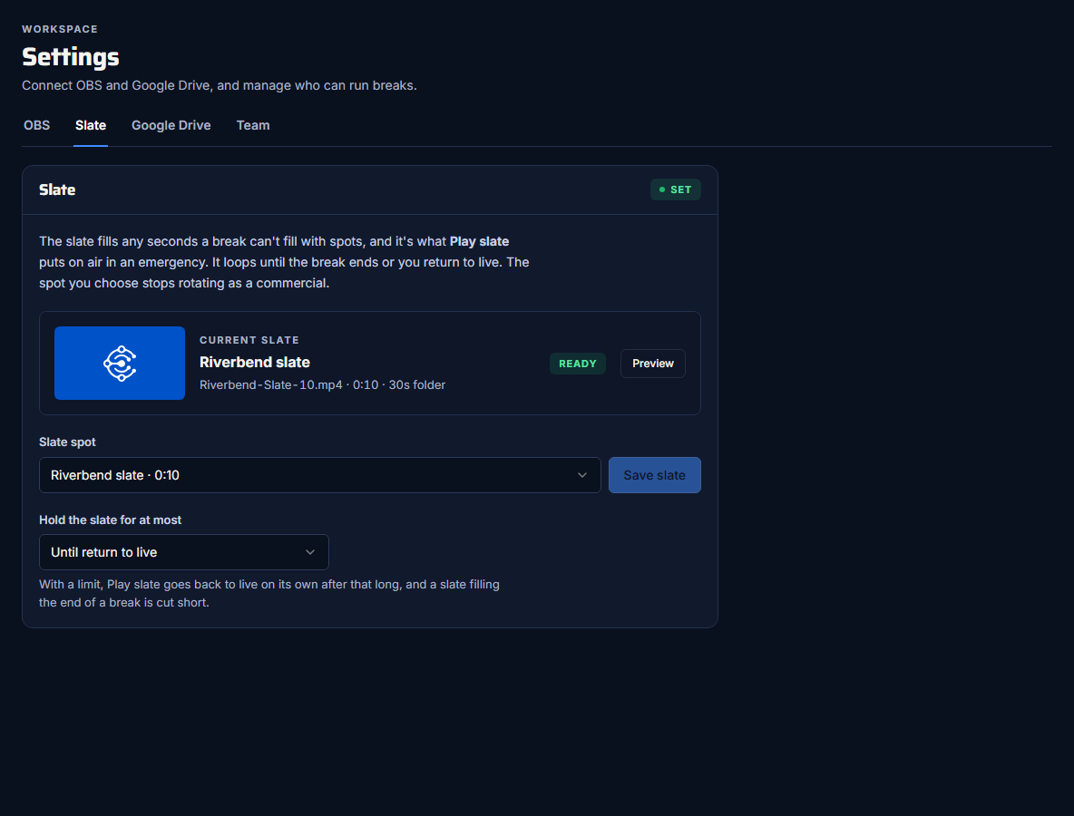 Settings, Slate tab, with the current slate and the hold limit