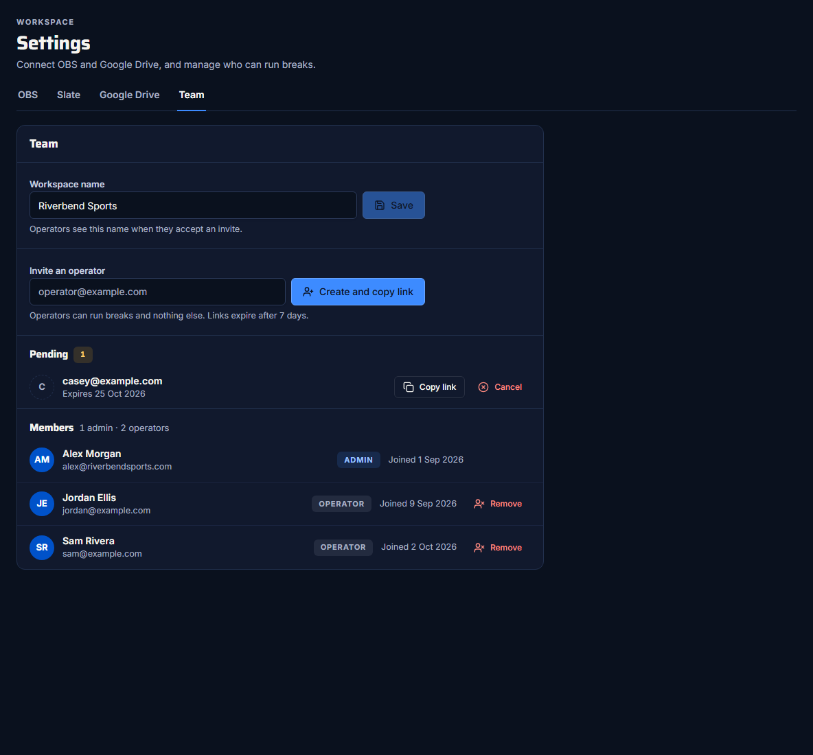 Settings, Team tab: invite, pending invites and members
